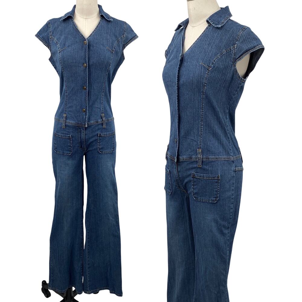 Vintage Y2k Flared Denim Jumpsuit Snap Front Collared Cap Sleeve Blue Jean 6/8